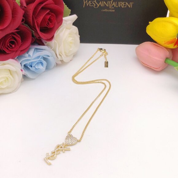 Saint Laurent Golden Necklace with Lettered Heart Design and Set with Diamonds - Picture 8 of 8